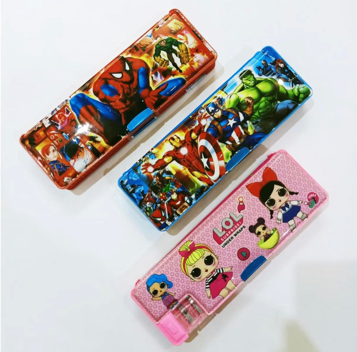 Double Sided Fancy Geometry Box With Different Character spiderman batman marvel avengers  | With Sharpener