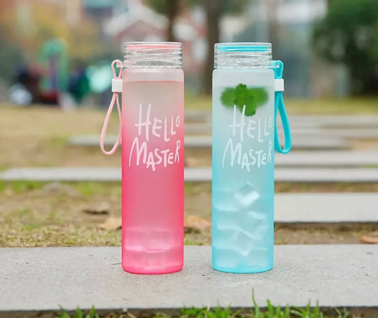 Premium Hello Master Print Glass Water Bottle - 400ml | Glass Bottle with Cover